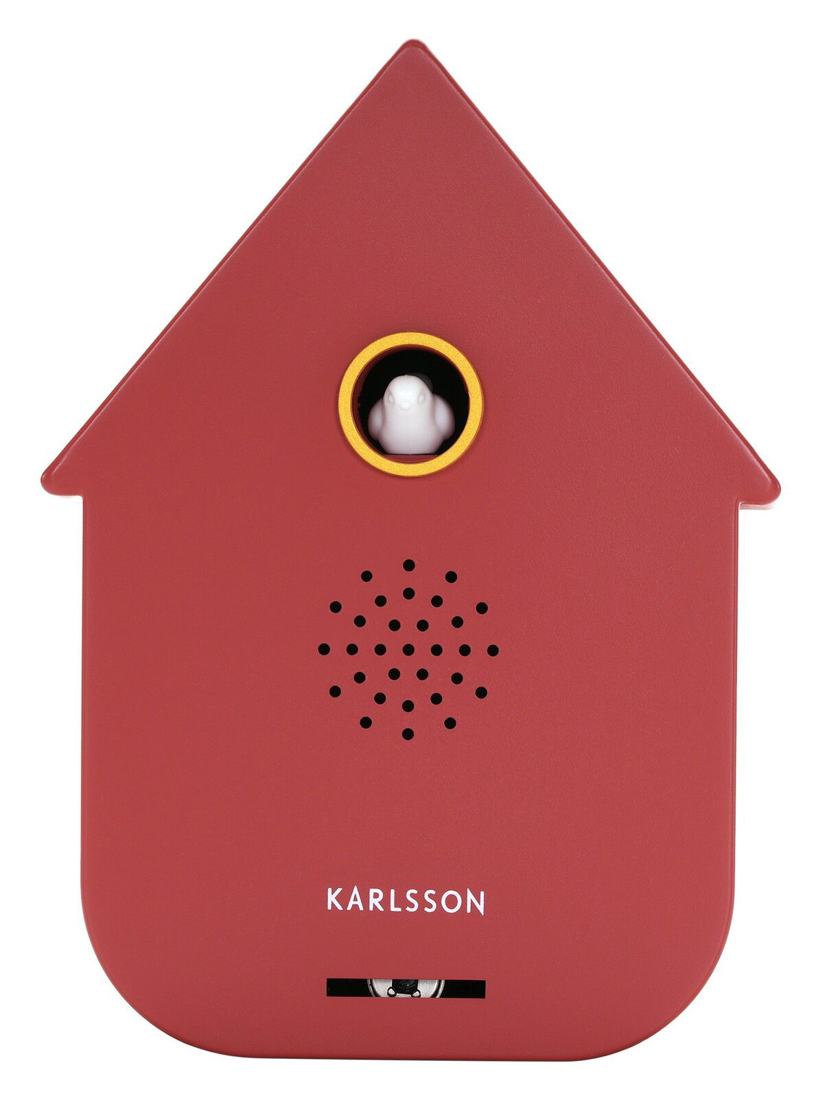 Rote moderne Soundbox in Hausform mit einem kleinen Vogel in einem runden Fenster, Vorderansicht