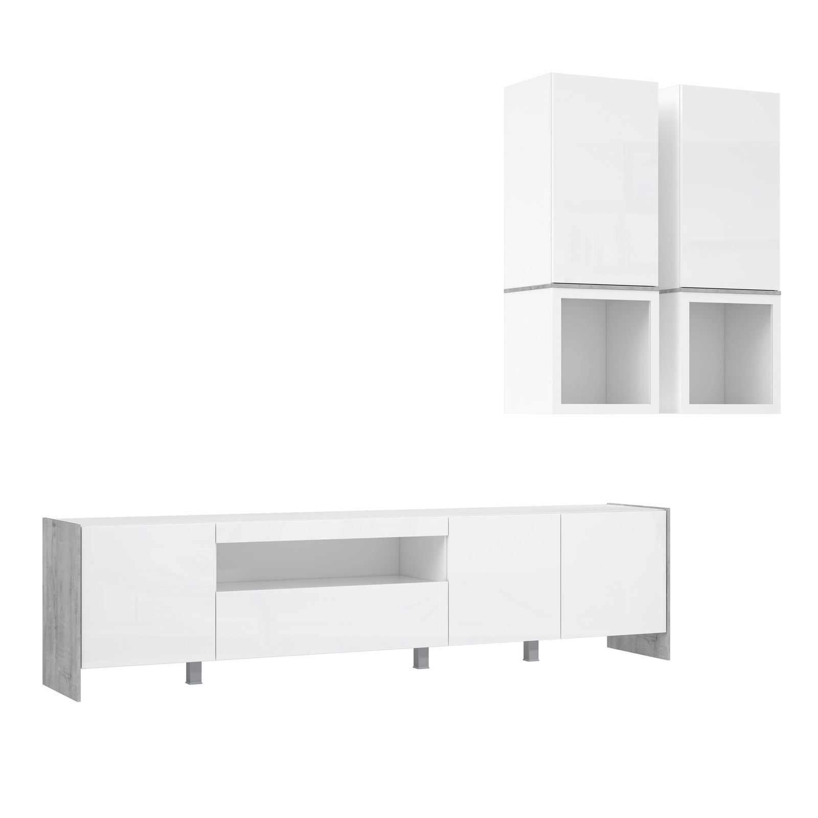 Moderne Wohnwand in Weiß mit Hochglanzoberfläche, bestehend aus einem langen TV-Schrank mit offenen und geschlossenen Fächern sowie zwei hängenden Schränken. Perspektive: Frontalansicht.