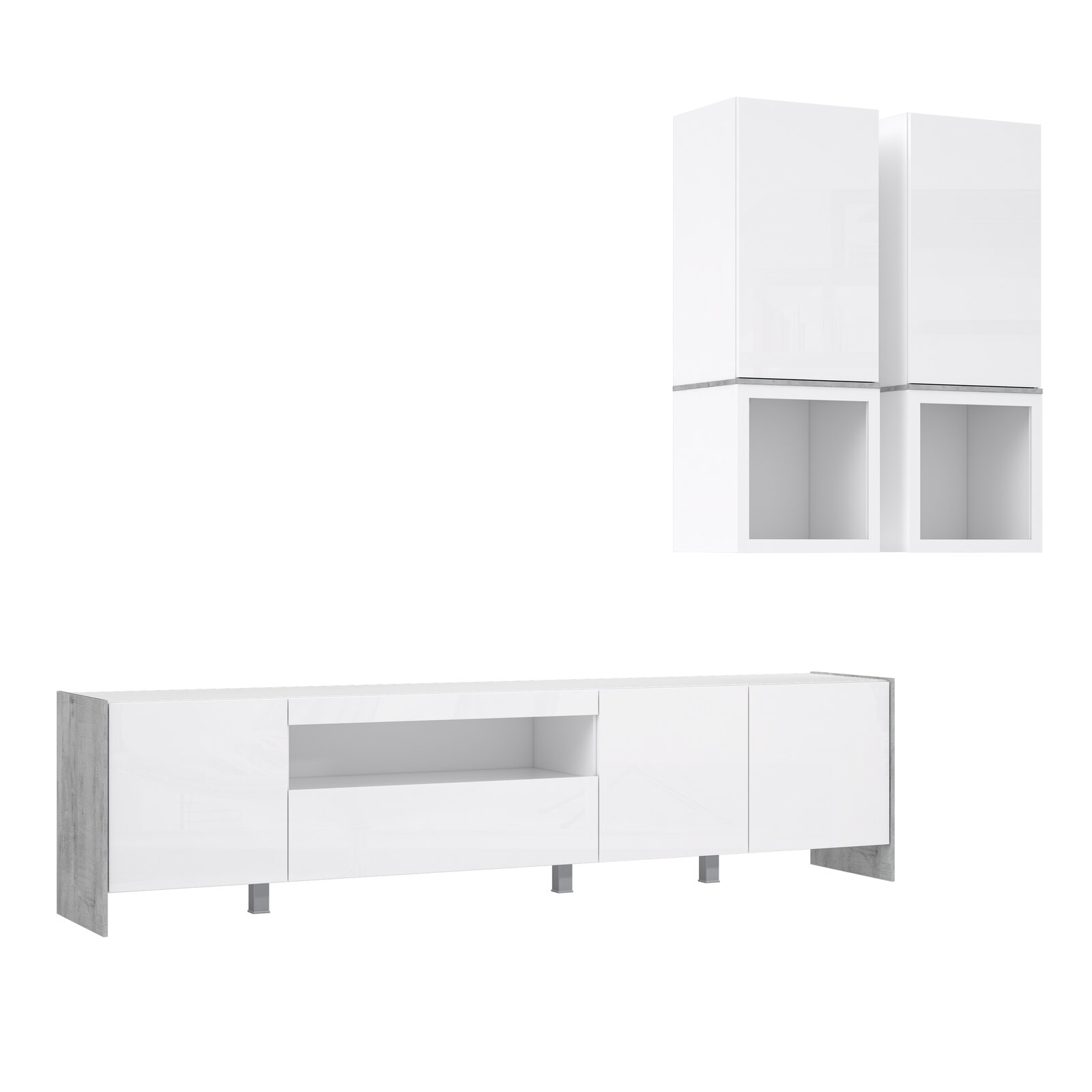 Moderne Wohnwand in Weiß mit Hochglanzoberfläche, bestehend aus einem langen TV-Schrank mit offenen und geschlossenen Fächern sowie zwei hängenden Schränken. Perspektive: Frontalansicht.