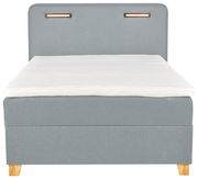 Frontale Ansicht eines grauen Boxbetts mit Holzfüßen und gepolstertem Kopfteil.