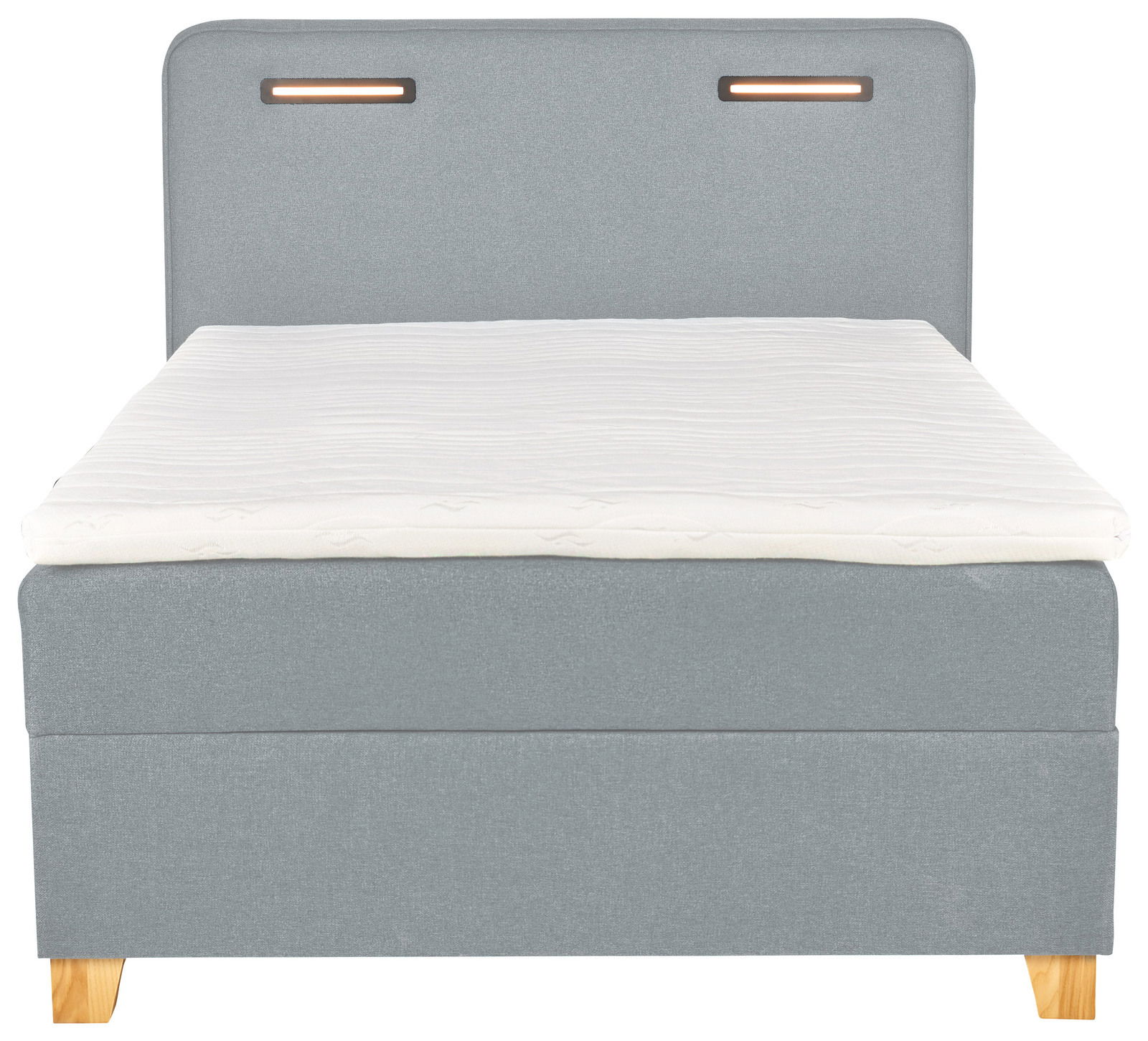 Frontale Ansicht eines grauen Boxbetts mit Holzfüßen und gepolstertem Kopfteil.