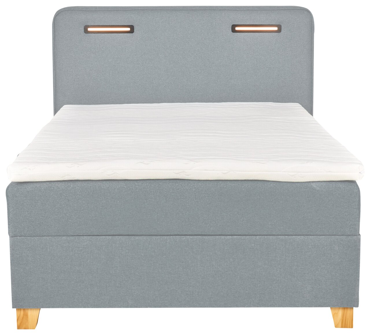 Frontale Ansicht eines grauen Boxbetts mit Holzfüßen und gepolstertem Kopfteil.