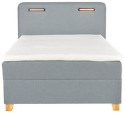 Frontale Ansicht eines grauen Boxbetts mit Holzfüßen und gepolstertem Kopfteil.