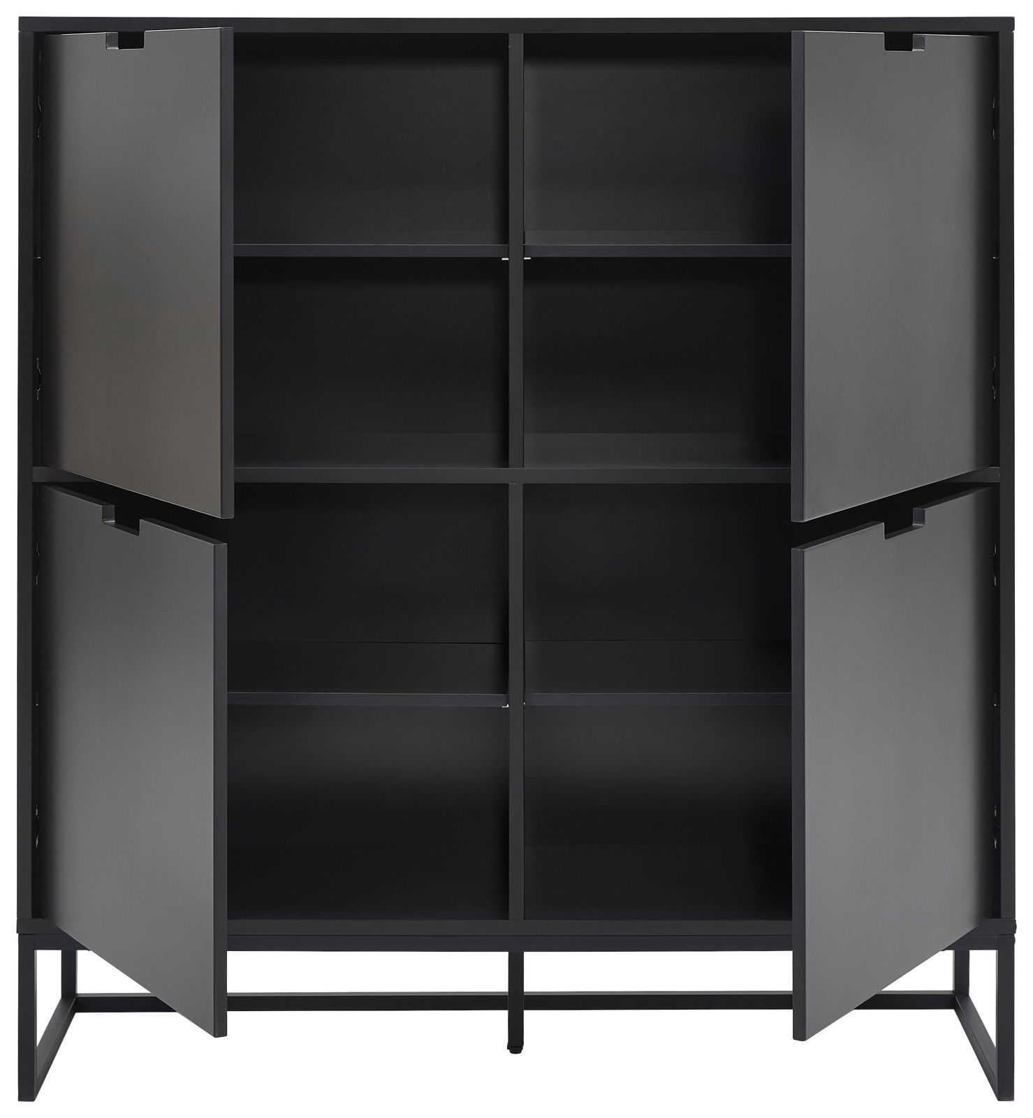 Schwarzes Highboard mit offenen Türen, Vorderansicht