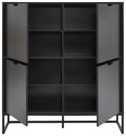 Schwarzes Highboard mit offenen Türen, Vorderansicht