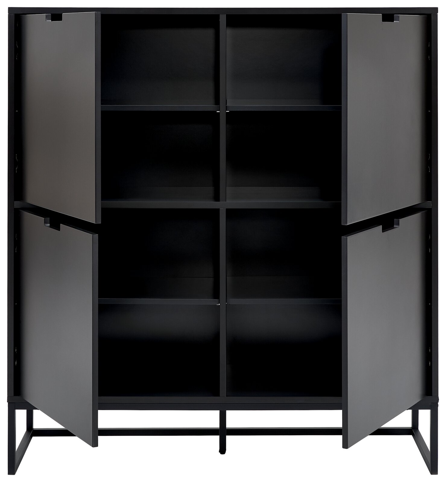 Schwarzes Highboard mit offenen Türen, Vorderansicht