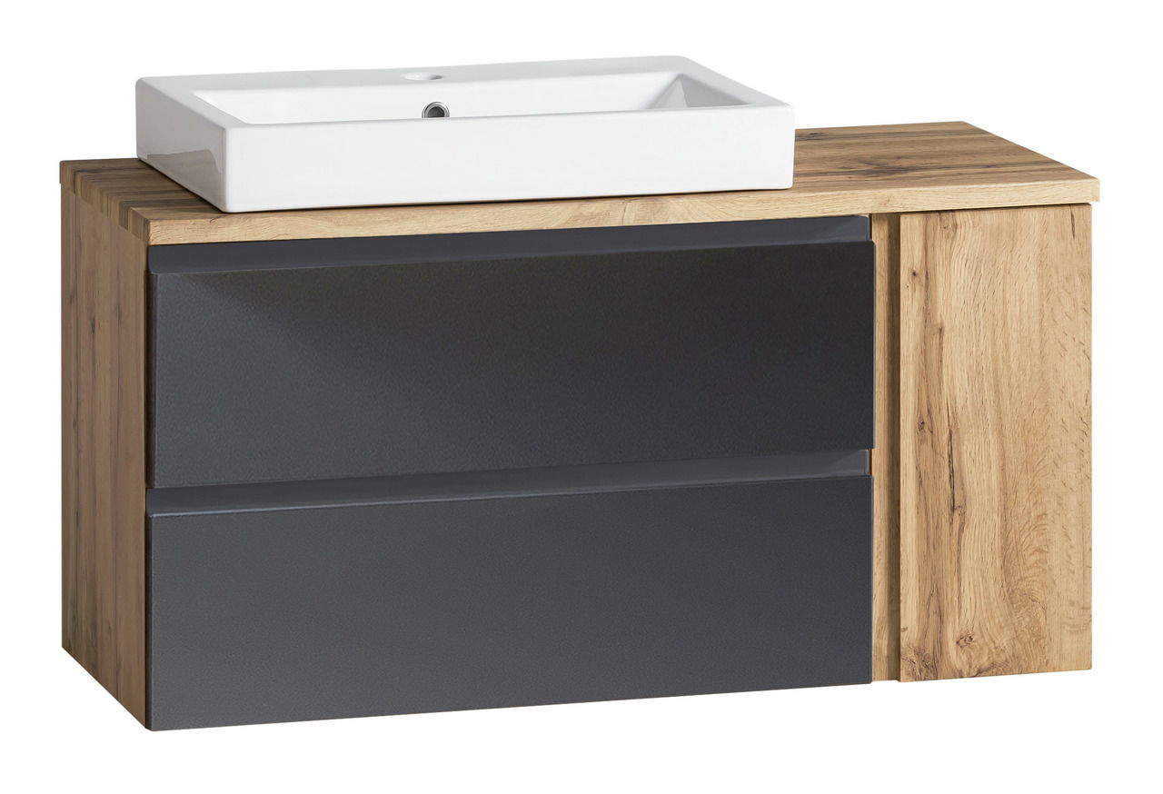 Waschtisch-Set 105 cm mit weißem Waschbecken und Holzoptik, Frontansicht