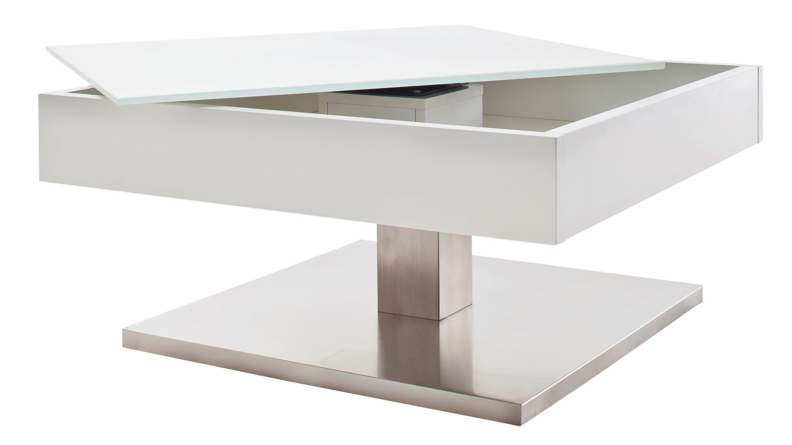 Moderner Couchtisch mit schwenkbarer Glasplatte und Metallfuß, seitliche Perspektive