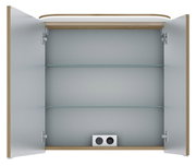 Offener Spiegelschrank mit zwei Glaseinlegeböden und integrierter Steckdose, Frontalansicht.