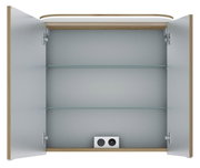 Offener Spiegelschrank mit zwei Glaseinlegeböden und integrierter Steckdose, Frontalansicht.