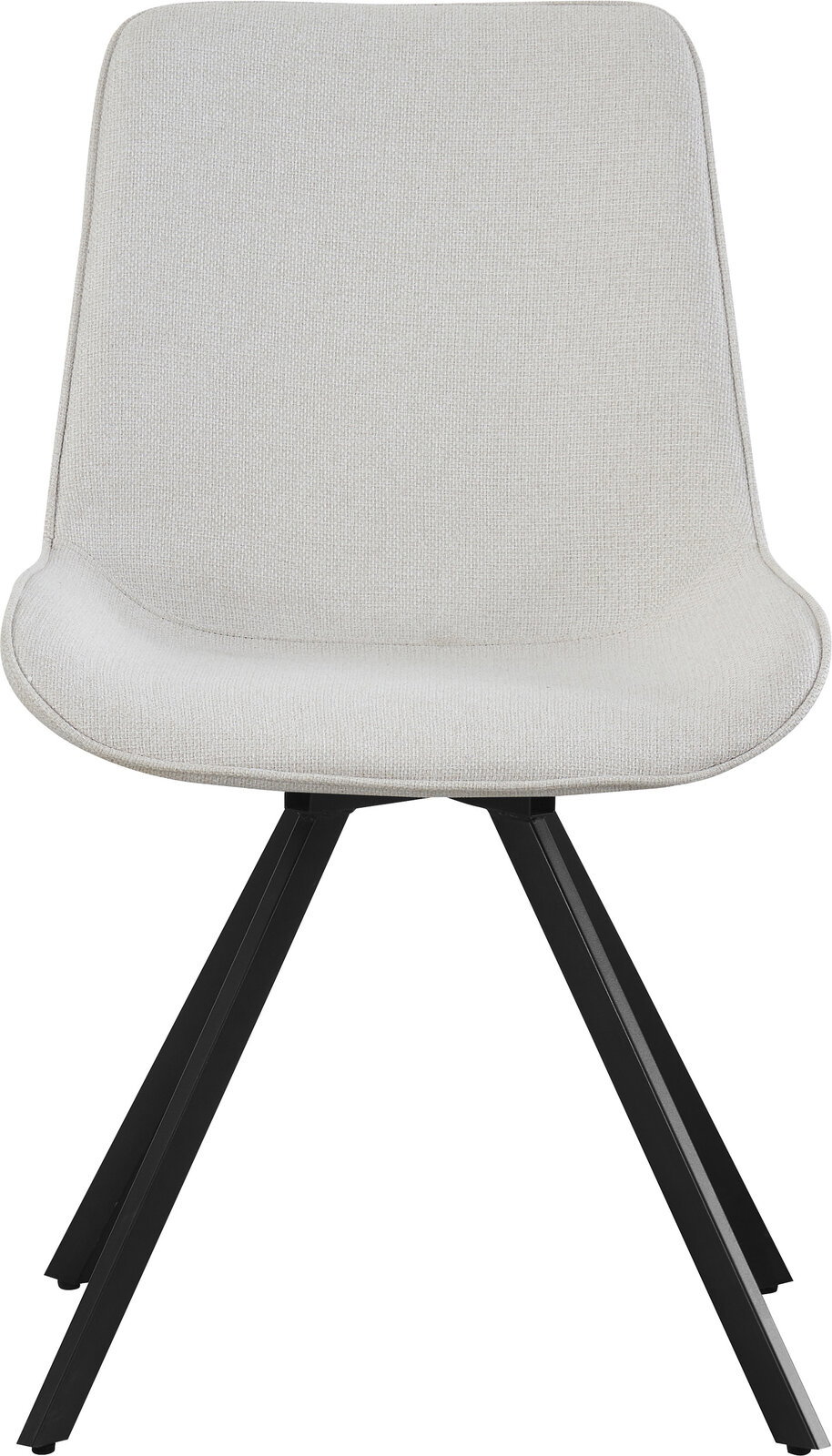 Moderner Polsterstuhl mit hellgrau-beigem Stoffbezug und schwarzem Vierfußgestell, frontal von vorne freigestellt auf weißem Hintergrund