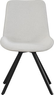 Moderner Polsterstuhl mit hellgrau-beigem Stoffbezug und schwarzem Vierfußgestell, frontal von vorne freigestellt auf weißem Hintergrund