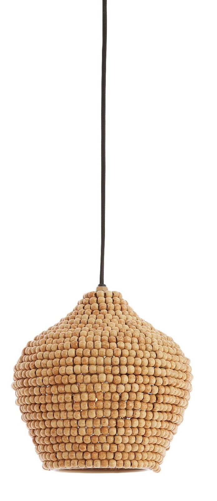 Hängeleuchte aus Holzperlen, seitliche Perspektive