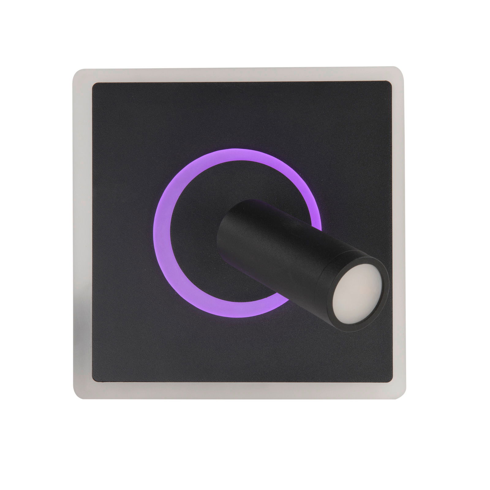 LED-Deckenleuchte Spark mit modernem Design, quadratischer Form und lila Leuchtring, Ansicht von vorne