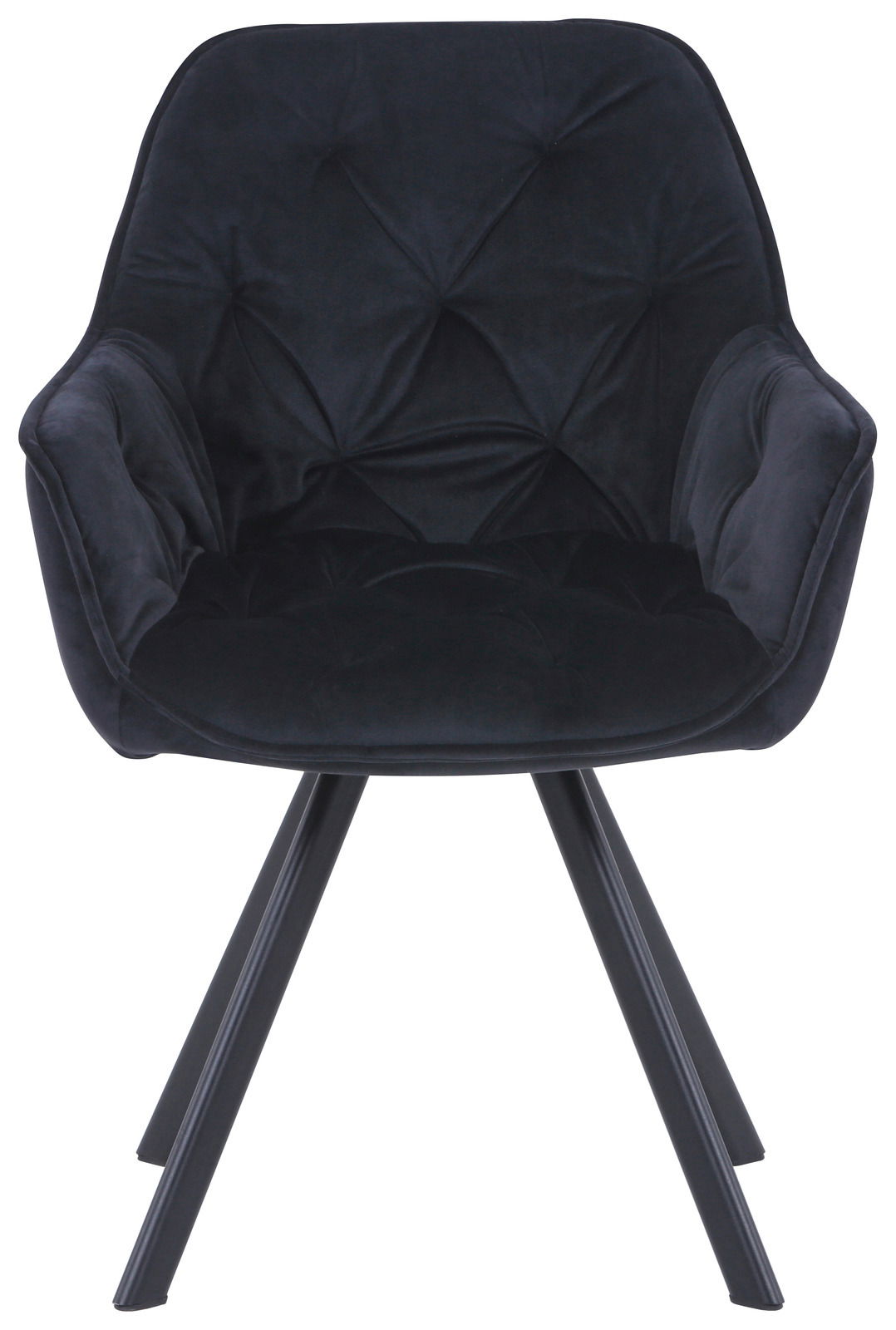 Schwarzer Armlehnstuhl mit gepolsterter Sitzfläche und Rückenlehne, Vorderansicht