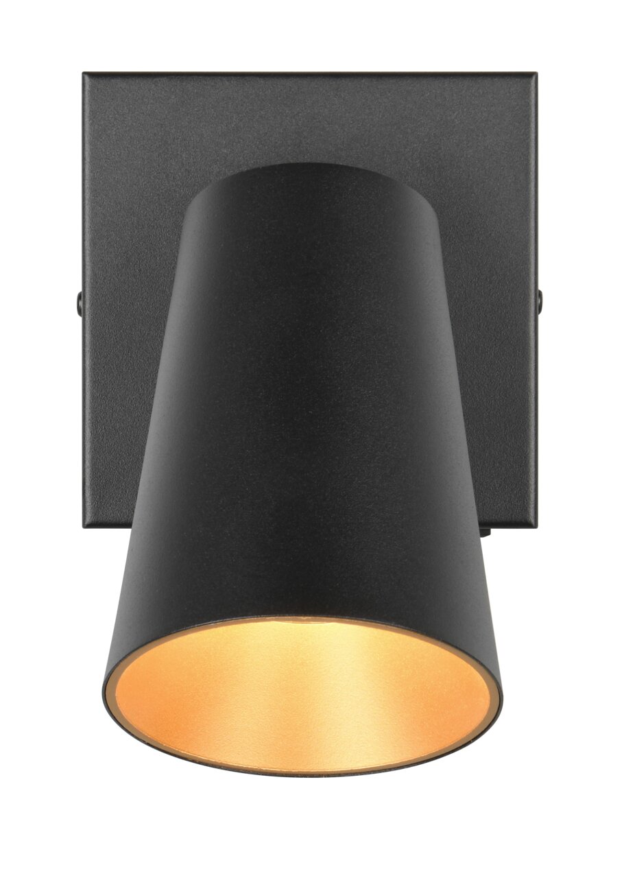 Schwarzer Strahler Sharp mit konischem Design, von vorne betrachtet.