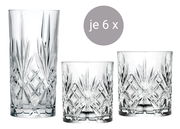 Drei Kristallgläser in verschiedenen Größen, frontal abgebildet, mit einem eleganten Schliffmuster. Jedes Glas ist sechsmal vorhanden.