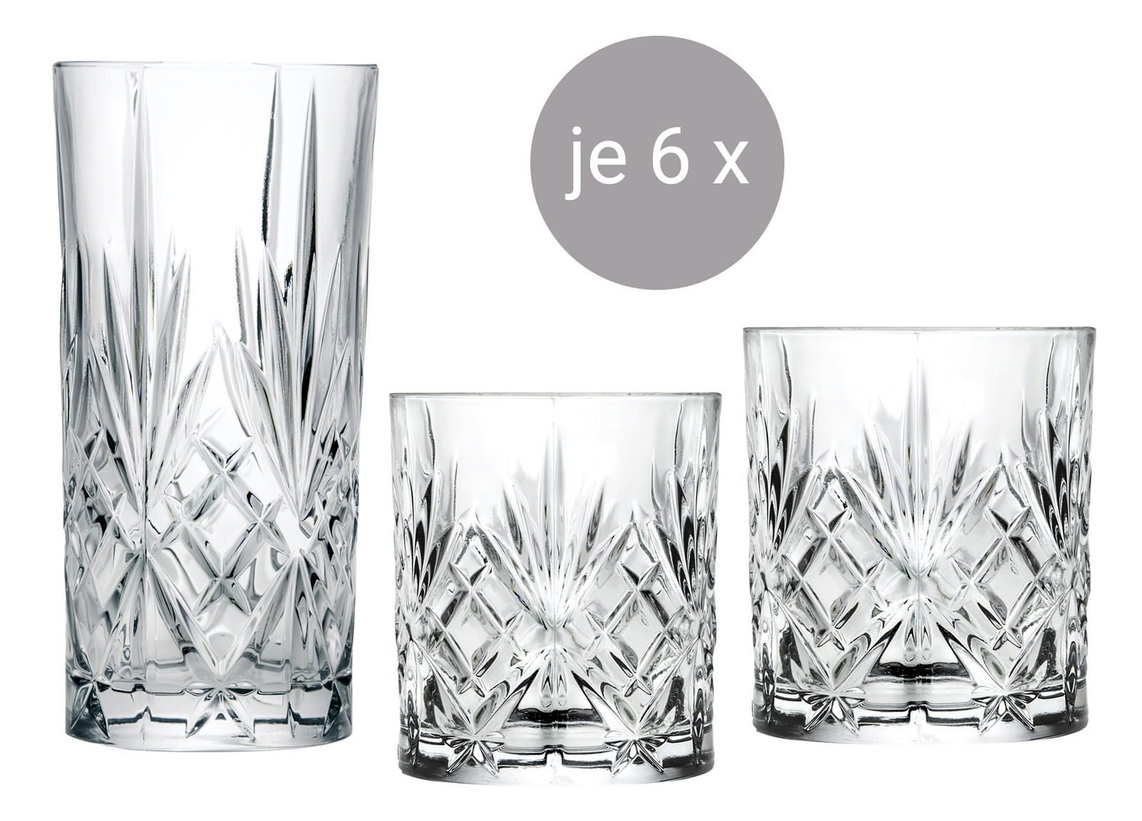 Drei Kristallgläser in verschiedenen Größen, frontal abgebildet, mit einem eleganten Schliffmuster. Jedes Glas ist sechsmal vorhanden.