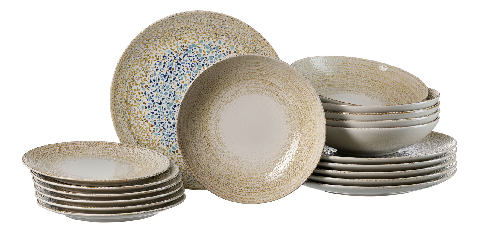 Tafelset 18-tlg. mit gemusterten Tellern und Schalen, seitliche Perspektive