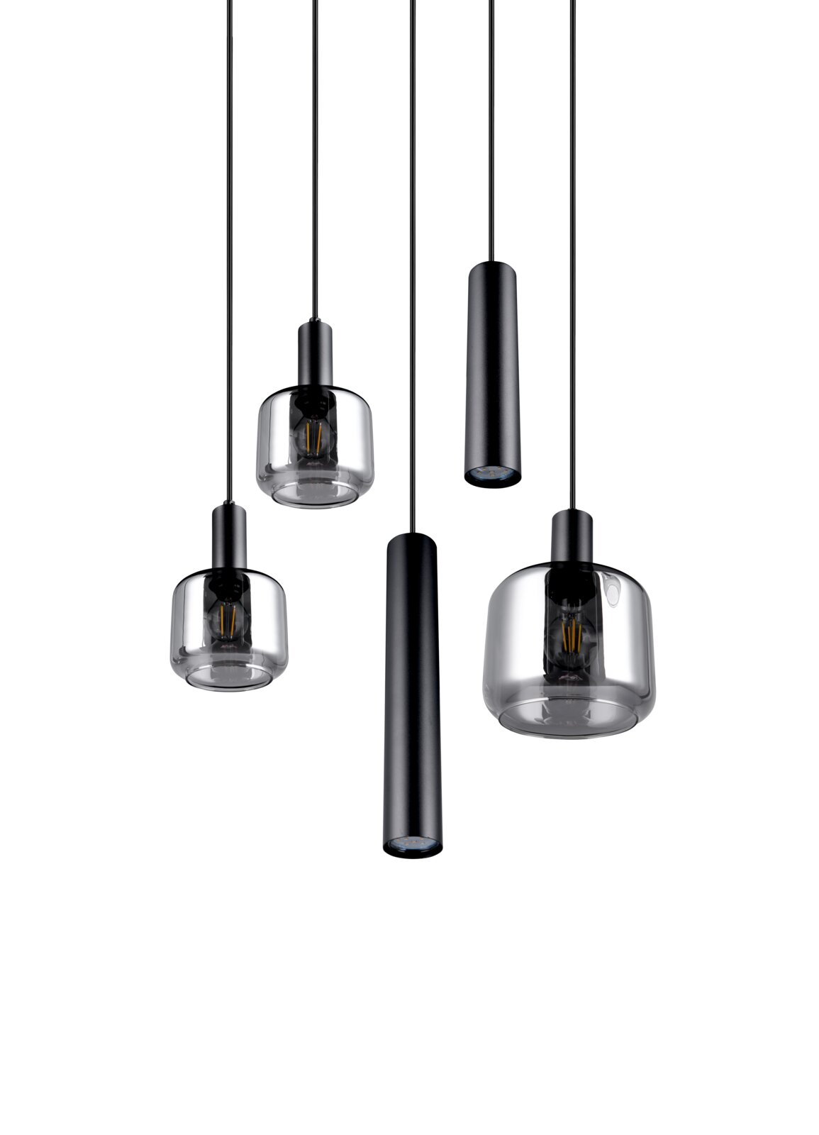 Moderne Pendelleuchte mit fünf hängenden Lampenschirmen in verschiedenen Formen, aus schwarzem Metall und klarem Glas, seitliche Perspektive.