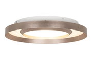 Moderne LED-Deckenleuchte in seitlicher Perspektive mit elegantem, ringförmigem Design und warmweißer Beleuchtung.