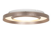 Moderne LED-Deckenleuchte in seitlicher Perspektive mit elegantem, ringförmigem Design und warmweißer Beleuchtung.