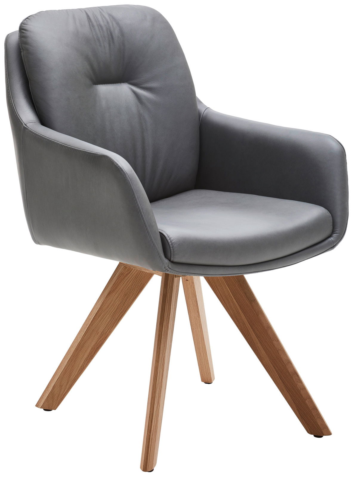 Grauer Armlehnstuhl mit gepolsterter Sitzfläche und Rückenlehne, Holzbeine, seitliche Perspektive