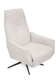 Moderner Relaxsessel in hellem Stoffbezug mit schwarzem Drehfuß, seitliche Perspektive.