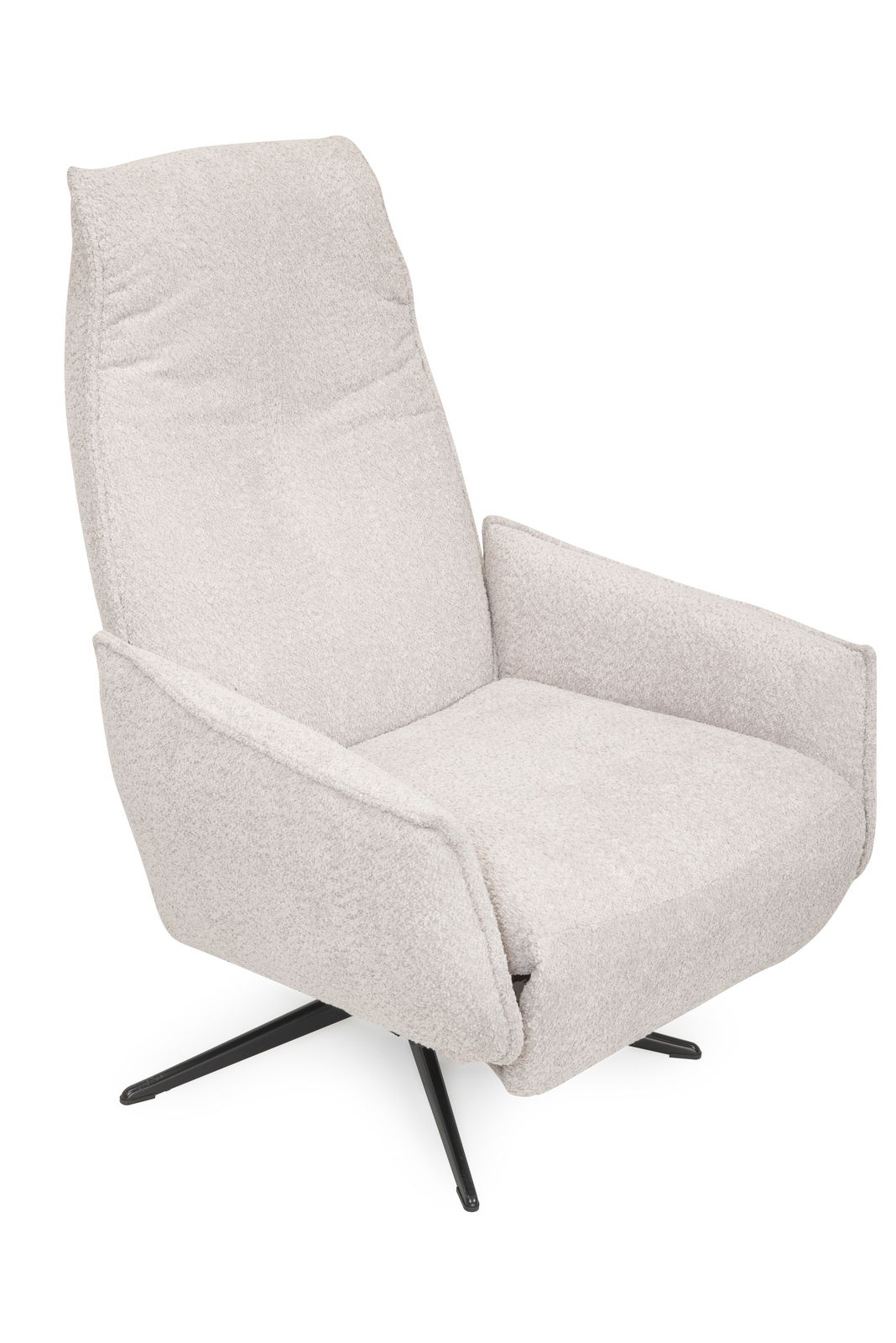 Moderner Relaxsessel in hellem Stoffbezug mit schwarzem Drehfuß, seitliche Perspektive.