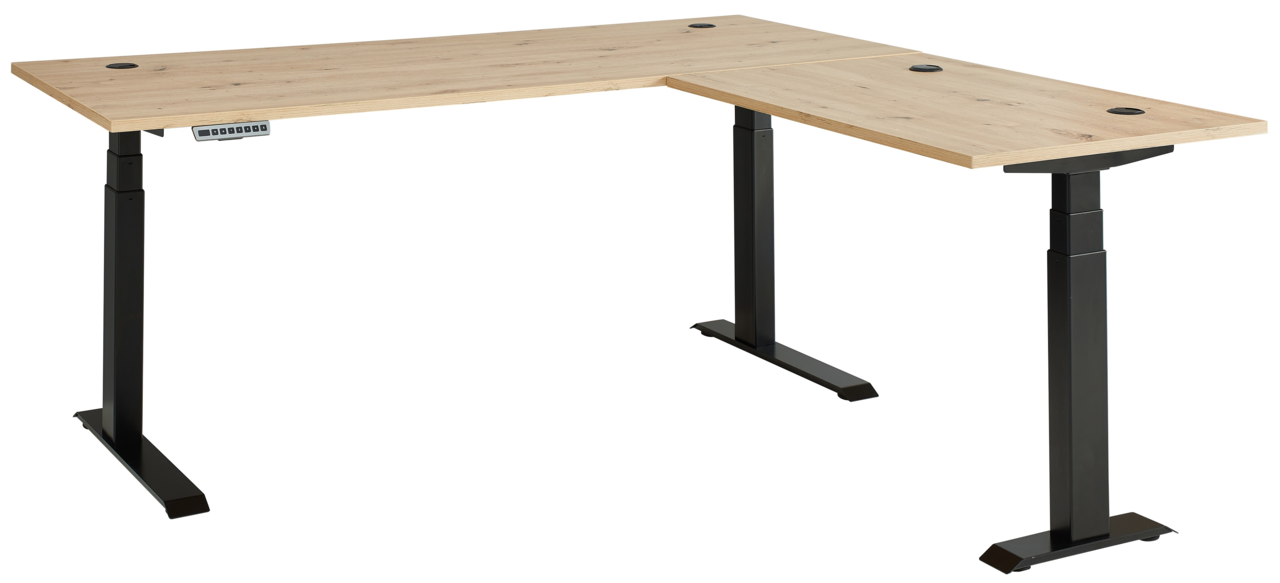 Moderner E-Eckschreibtisch mit Holzoberfläche und schwarzen, höhenverstellbaren Metallbeinen, seitliche Perspektive.