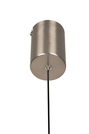 Nahaufnahme einer LED-Hängeleuchte von unten, mit einem zylindrischen, metallischen Gehäuse und einem schwarzen Kabel.