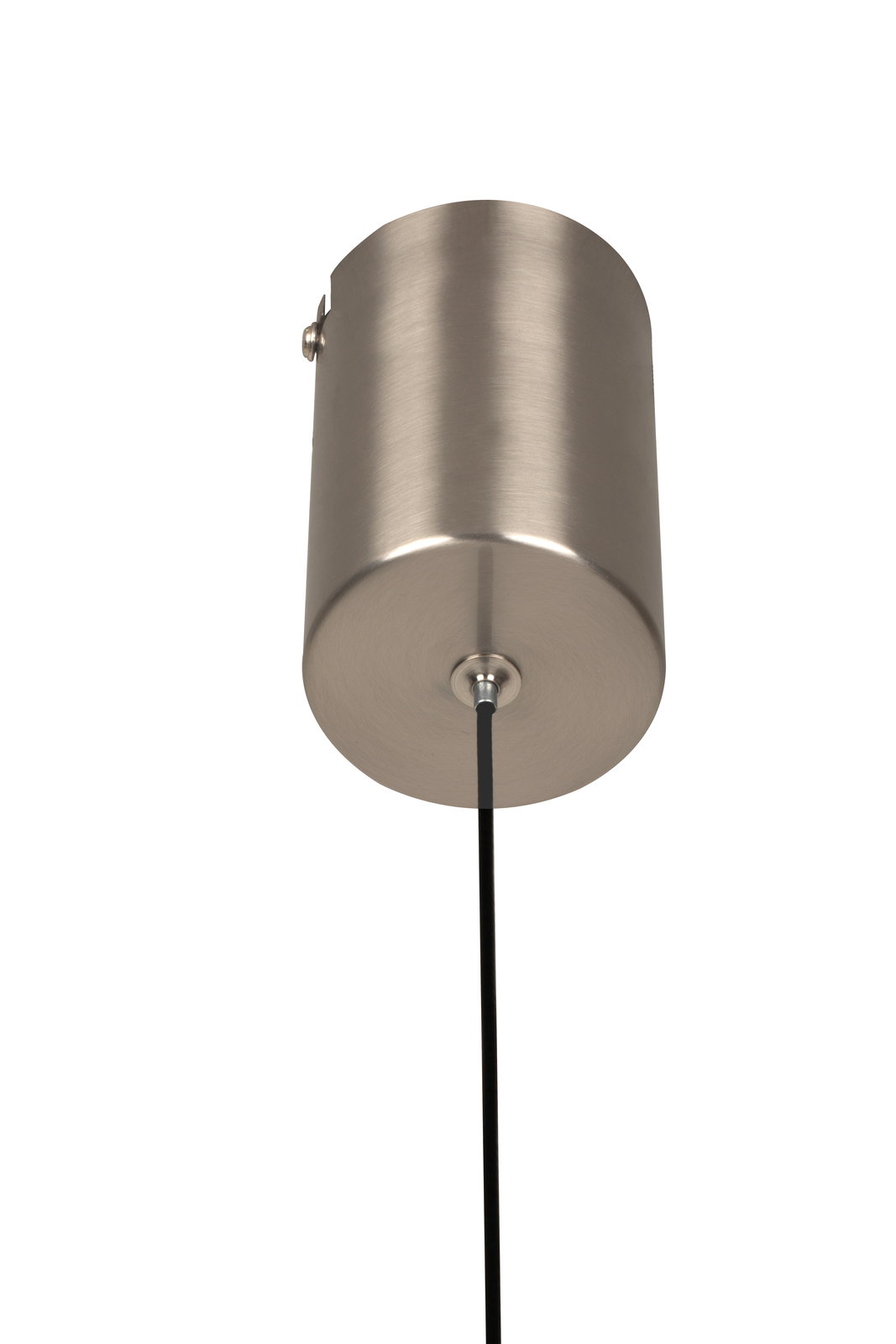 Nahaufnahme einer LED-Hängeleuchte von unten, mit einem zylindrischen, metallischen Gehäuse und einem schwarzen Kabel.