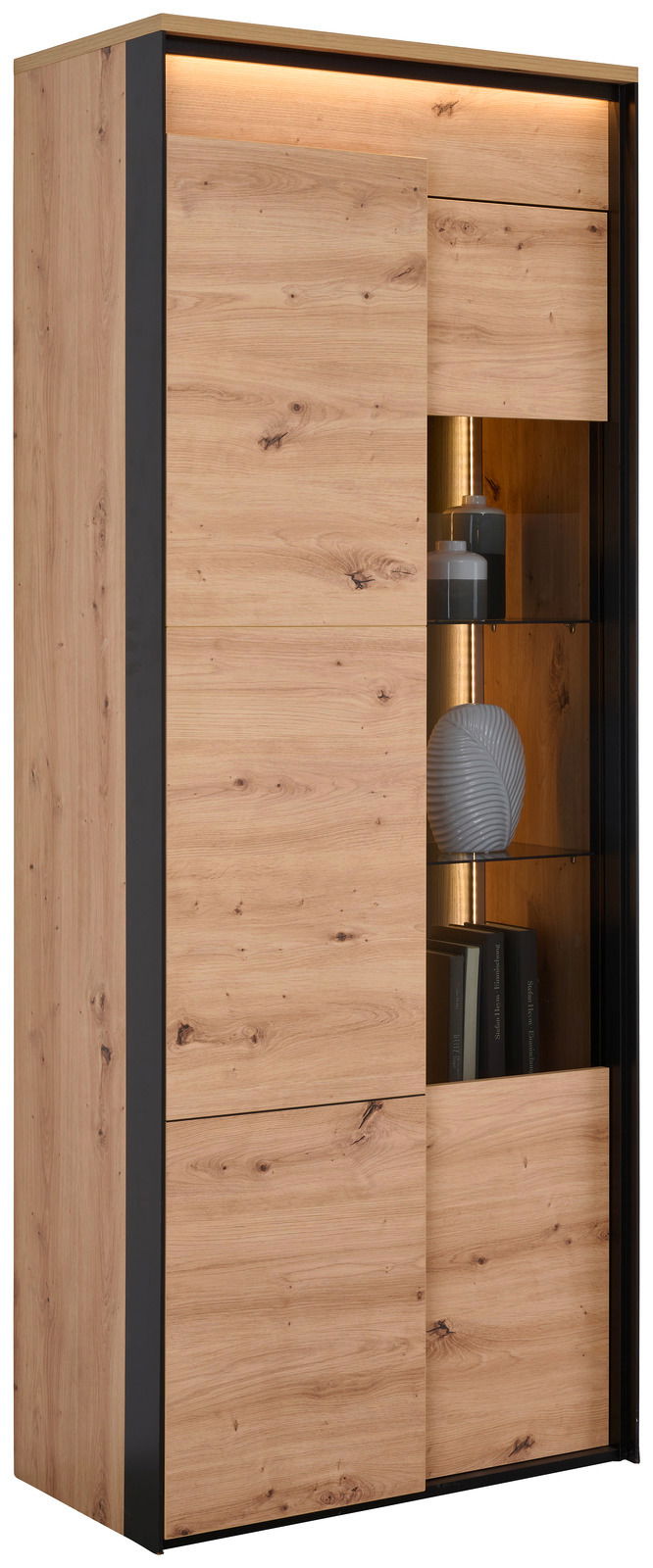 Hom´in Vitrine Vitrine aus Holz mit Glaselementen, seitliche Perspektive, moderne Beleuchtung