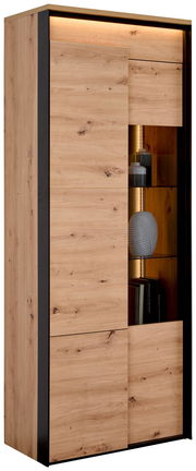 Vitrine aus Holz mit Glaselementen, seitliche Perspektive, moderne Beleuchtung