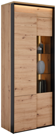 Vitrine aus Holz mit Glaselementen, seitliche Perspektive, moderne Beleuchtung