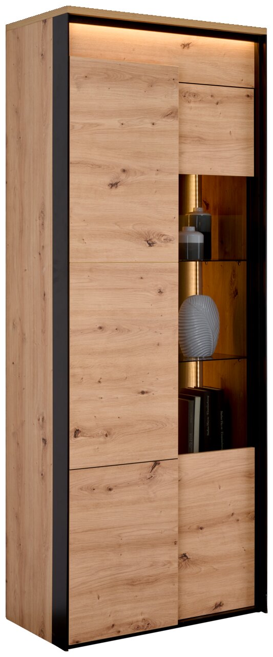 Vitrine aus Holz mit Glaselementen, seitliche Perspektive, moderne Beleuchtung