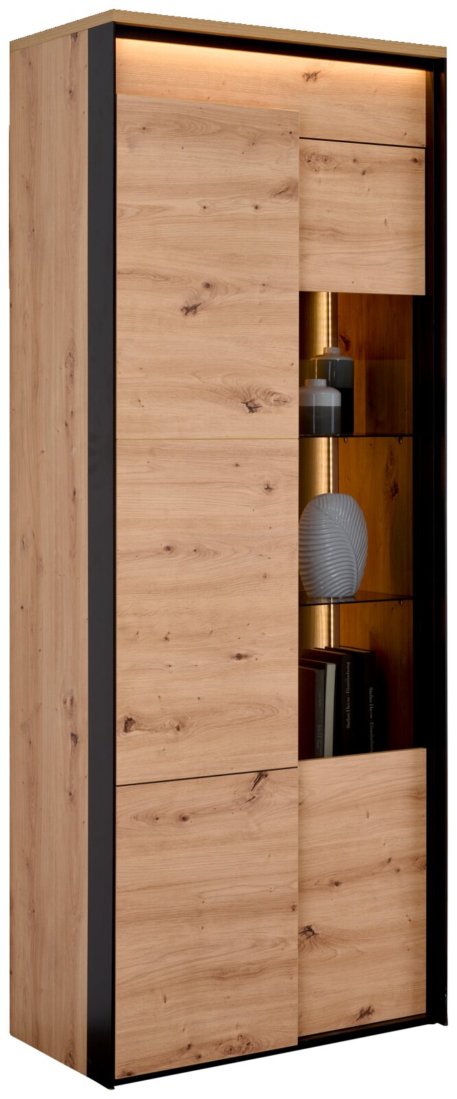Vitrine aus Holz mit Glaselementen, seitliche Perspektive, moderne Beleuchtung