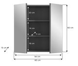 Spiegelschrank mit zwei offenen Türen, drei Fächern und den Maßen 60 cm Höhe, 60 cm Breite und 15 cm Tiefe, Frontansicht.