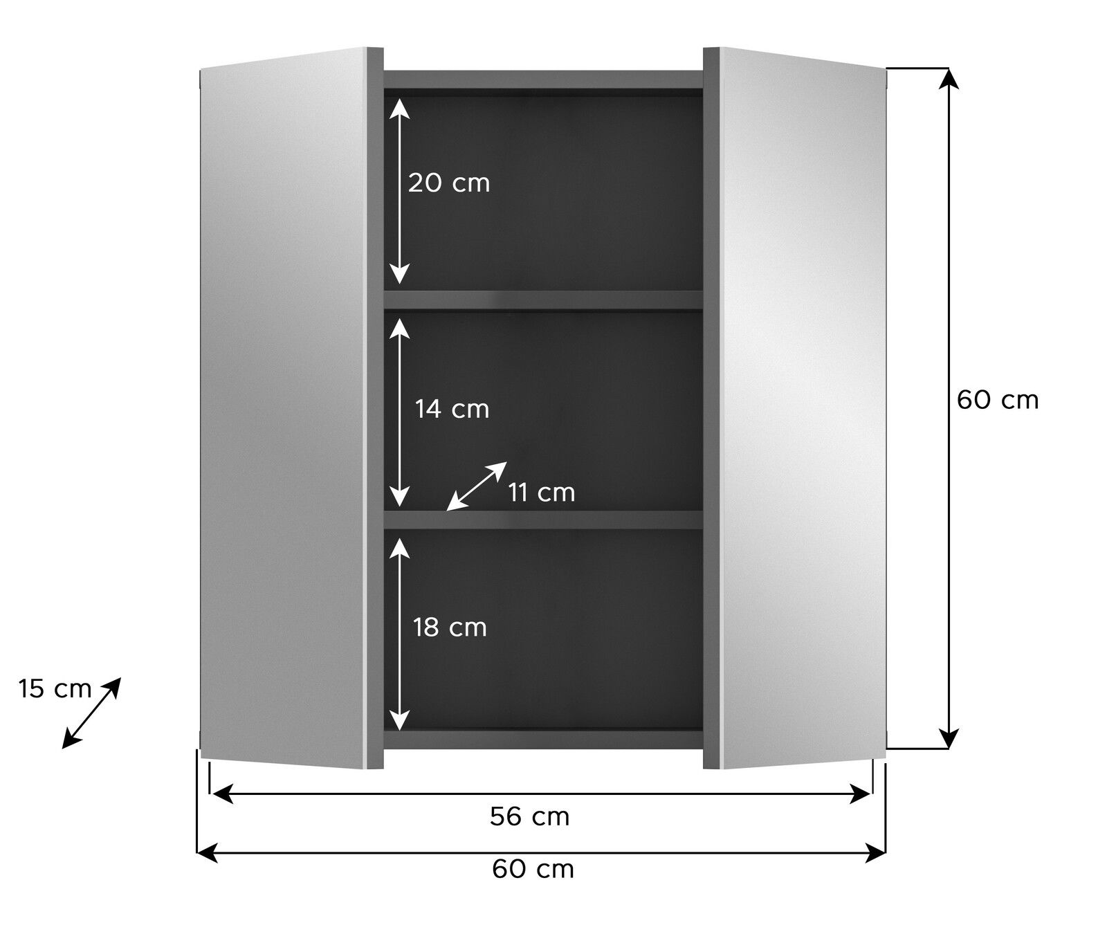 Spiegelschrank mit zwei offenen Türen, drei Fächern und den Maßen 60 cm Höhe, 60 cm Breite und 15 cm Tiefe, Frontansicht.