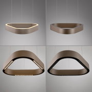 Moderne, dreieckige LED-Pendelleuchte in Bronze/Champagneroptik mit abgerundeten Kanten, an dünnen Seilen aufgehängt; Ansicht schräg von unten und von der Seite, LED-Punktreihe innen sichtbar.