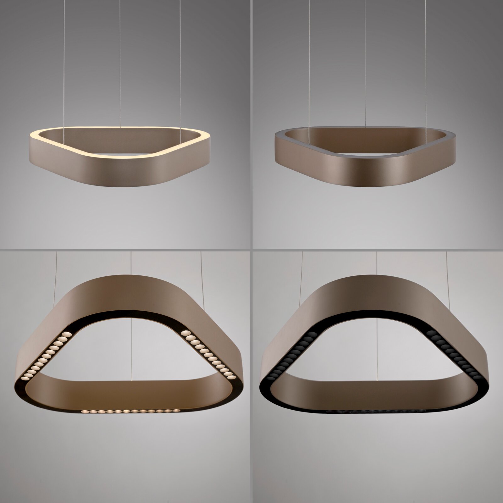 Moderne, dreieckige LED-Pendelleuchte in Bronze/Champagneroptik mit abgerundeten Kanten, an dünnen Seilen aufgehängt; Ansicht schräg von unten und von der Seite, LED-Punktreihe innen sichtbar.