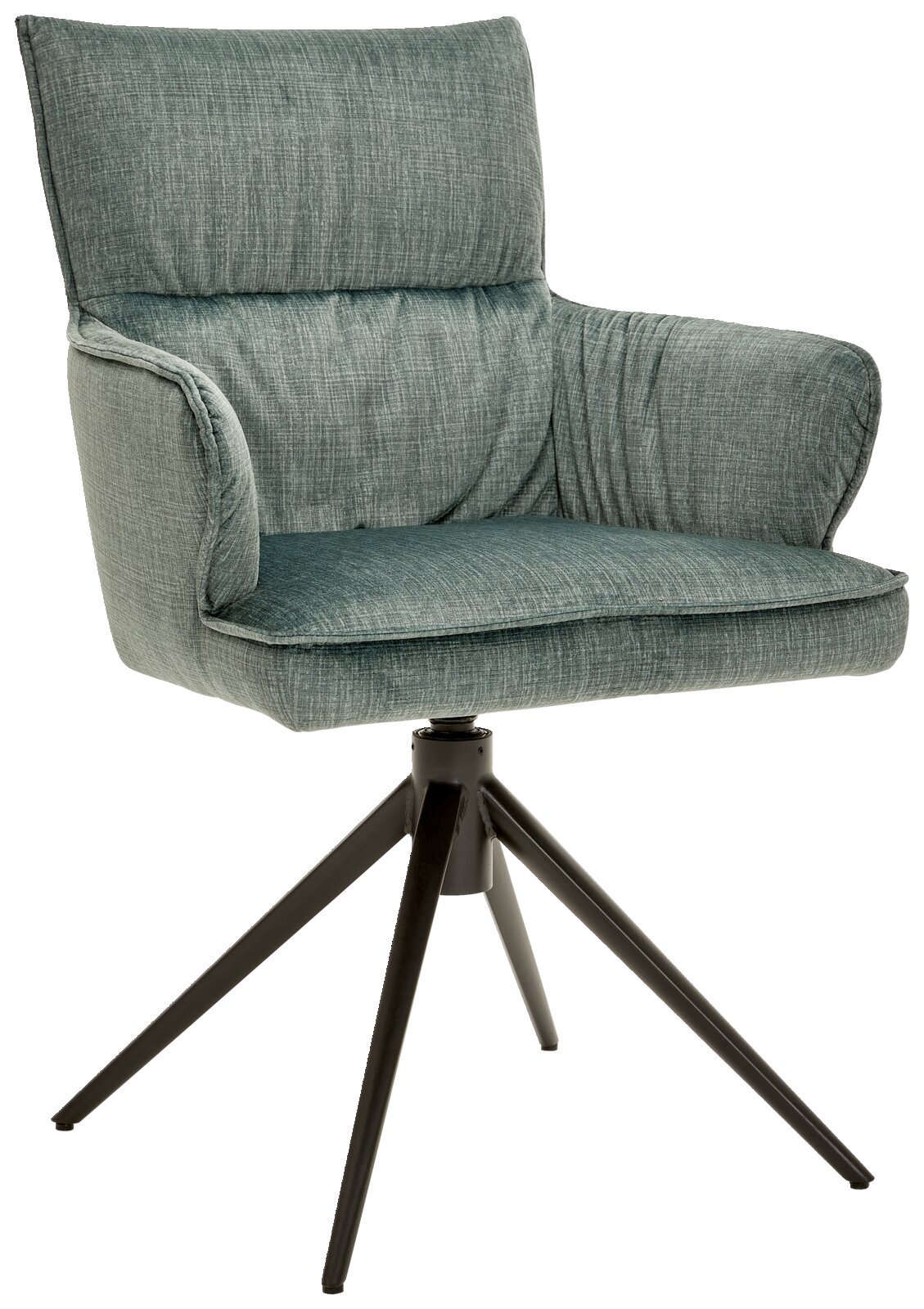 Dieter Knoll Fauteuil AVELINO Grüner Armlehnstuhl mit gepolstertem Sitz und Rückenlehne, auf schwarzem Metallgestell mit vier Beinen, seitliche Perspektive