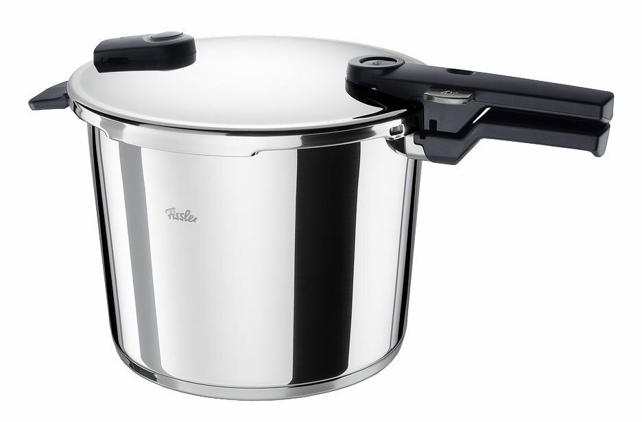 Schnellkochtopf aus Edelstahl mit 10 Litern Fassungsvermögen, seitliche Perspektive