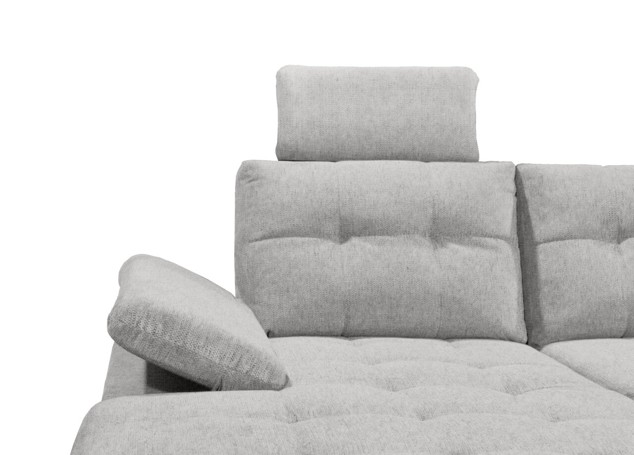 Graues Sofa mit verstellbarer Kopfstütze und Armlehne, seitliche Perspektive