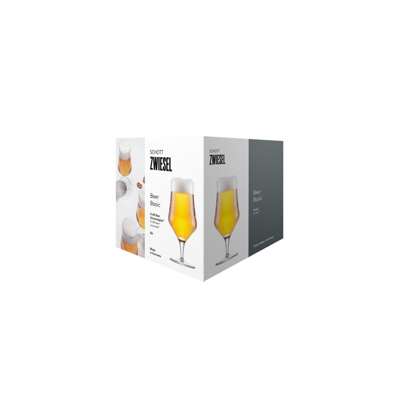 Verpakking van een set van vier bierglazen van Schott Zwiesel, met afbeeldingen van gevulde glazen, in perspectief van voren en licht van opzij.