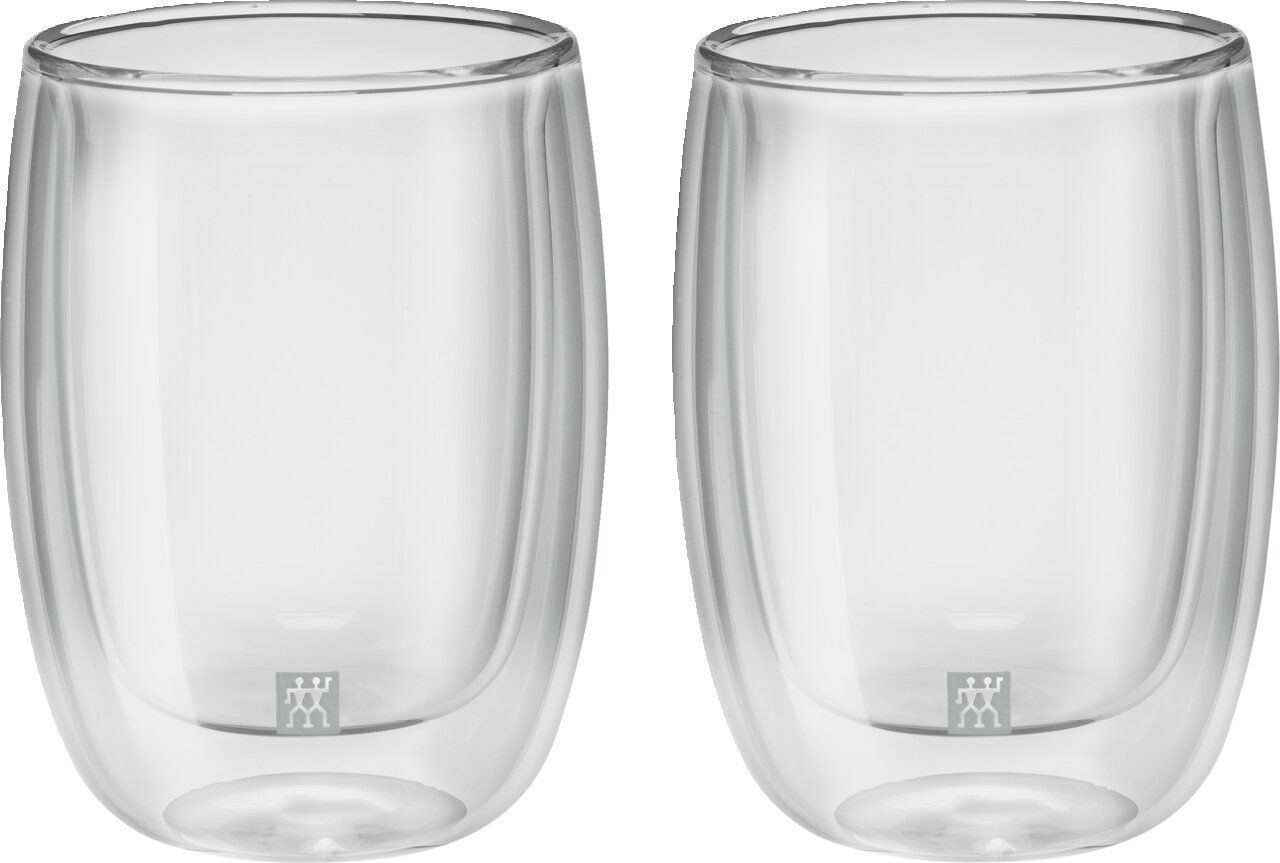 Zwei doppelwandige Kaffeegläser, 200ml, aus transparentem Glas, frontal nebeneinander stehend.