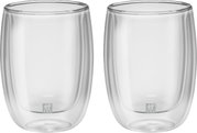 Twee dubbelwandige koffieglazen, 200 ml, van transparant glas, die met de voorkant naar elkaar toe naast elkaar staan.