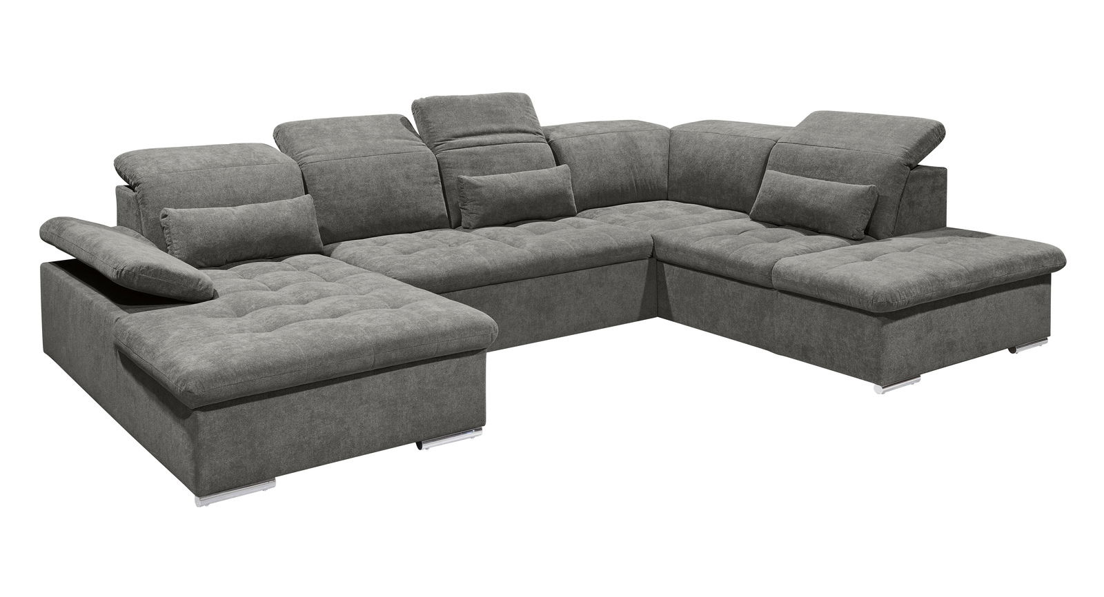 Graues Ecksofa in U-Form mit verstellbaren Kopfstützen und Kissen, Perspektive von vorne links