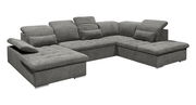 Graues Ecksofa in U-Form mit verstellbaren Kopfstützen und Kissen, Perspektive von vorne links