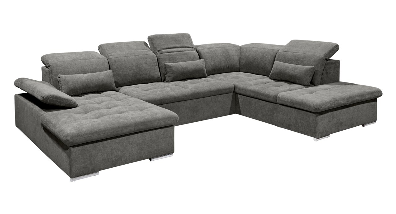Graues Ecksofa in U-Form mit verstellbaren Kopfstützen und Kissen, Perspektive von vorne links
